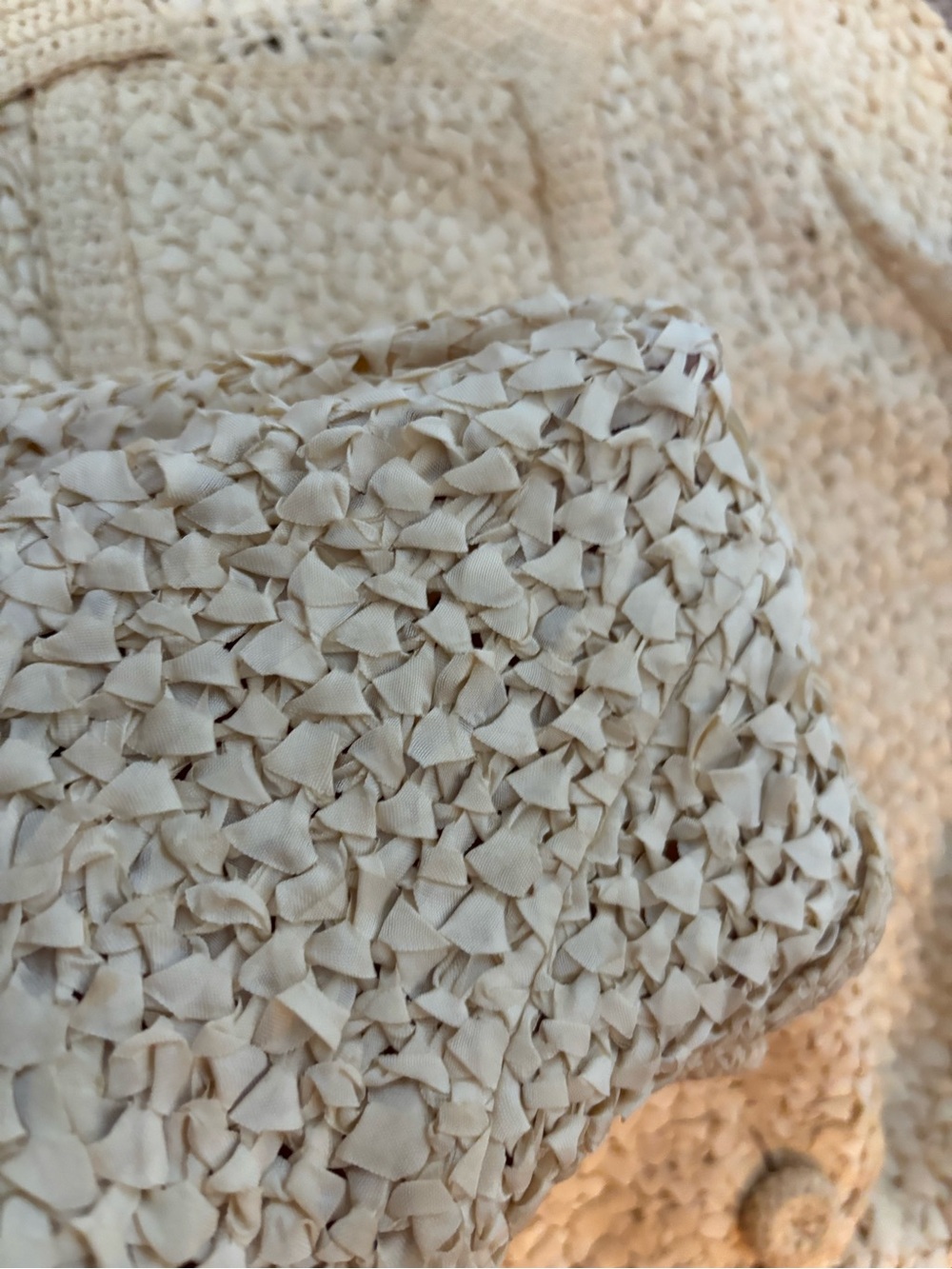 Vintage 60s Hand Crocheted Ribbon Raffia Suit Set Cream Jacket Skirt Italian - Picture 8 of 13